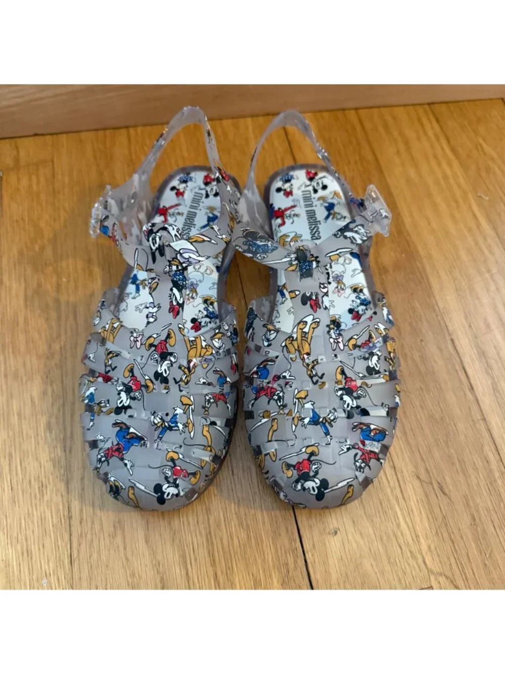 Disney x Mini Melissa Size 2 Gray Mickey & Friends Roman Fisherman Jelly Sandals